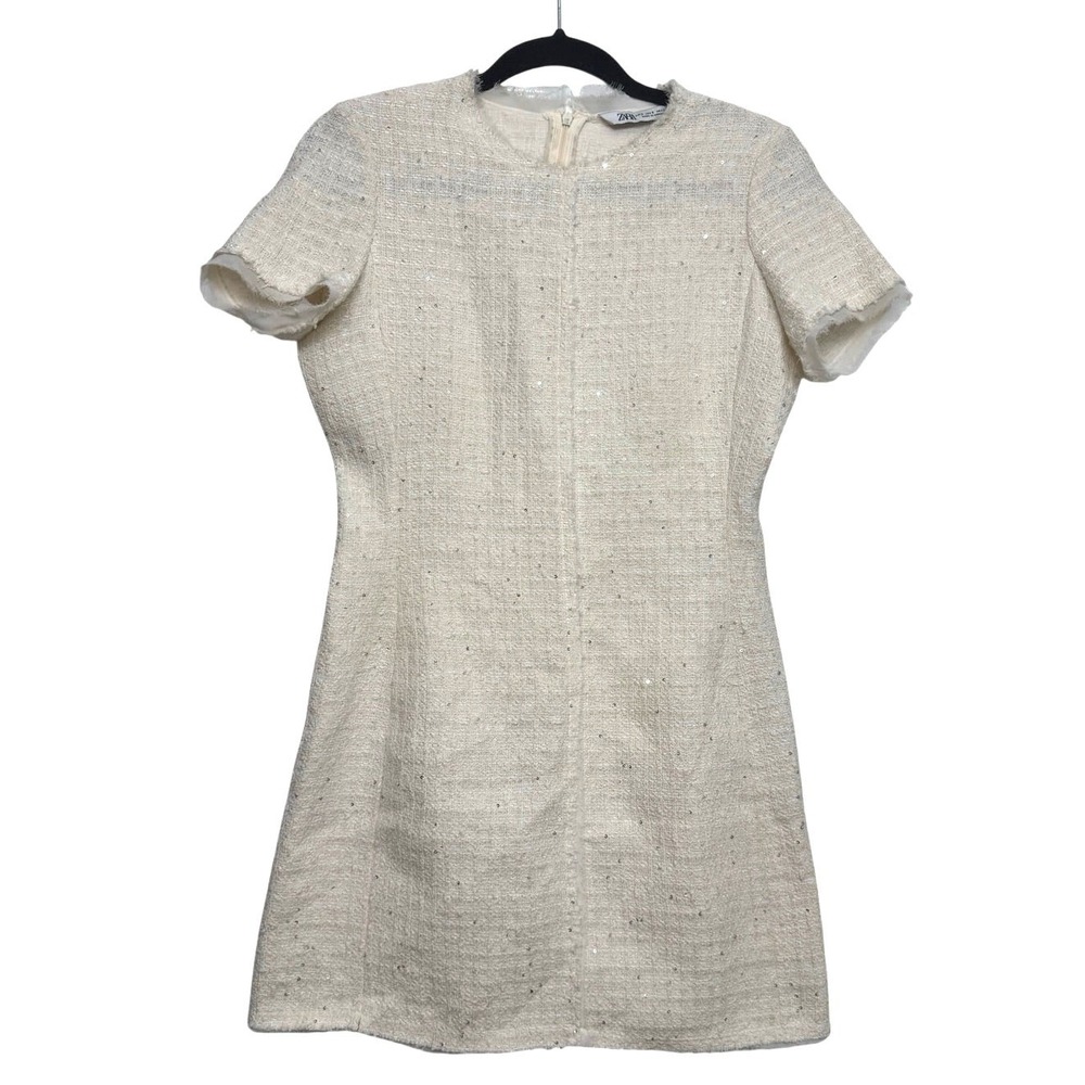 ZARA‎ Cream Boucle Tweed Mini Dress Small Fringe Sequin Short Sleeve Shift Mod